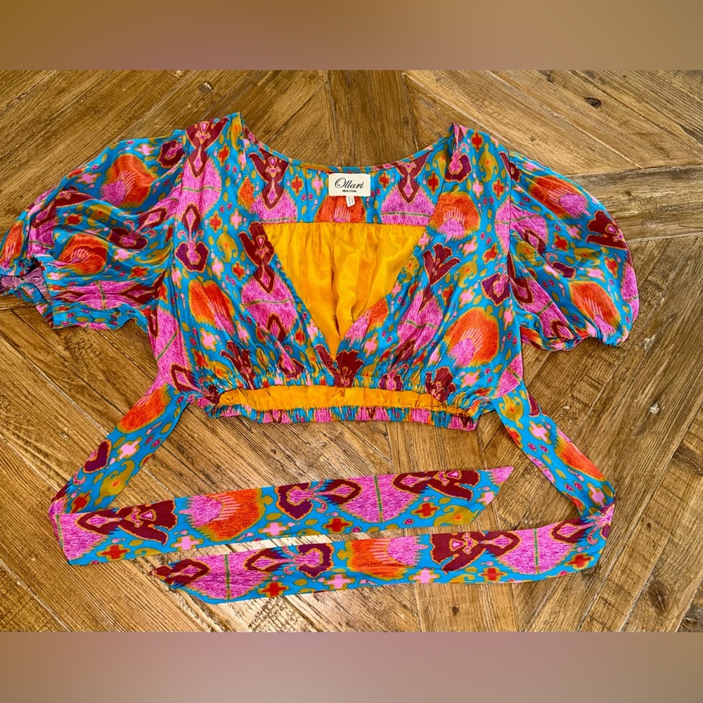✨ Anthropologie Ollari New York Ikat Silk-Feel Crop Top & Wide Leg Pant Set - L - Picture 5 of 16